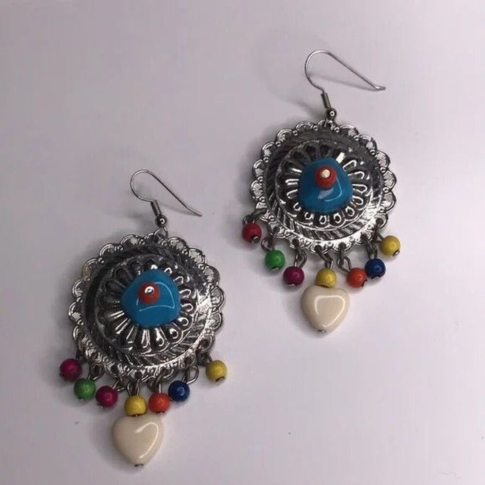 Vintage Boho Earrings Dangle no backs Blue Hippie Silvertone